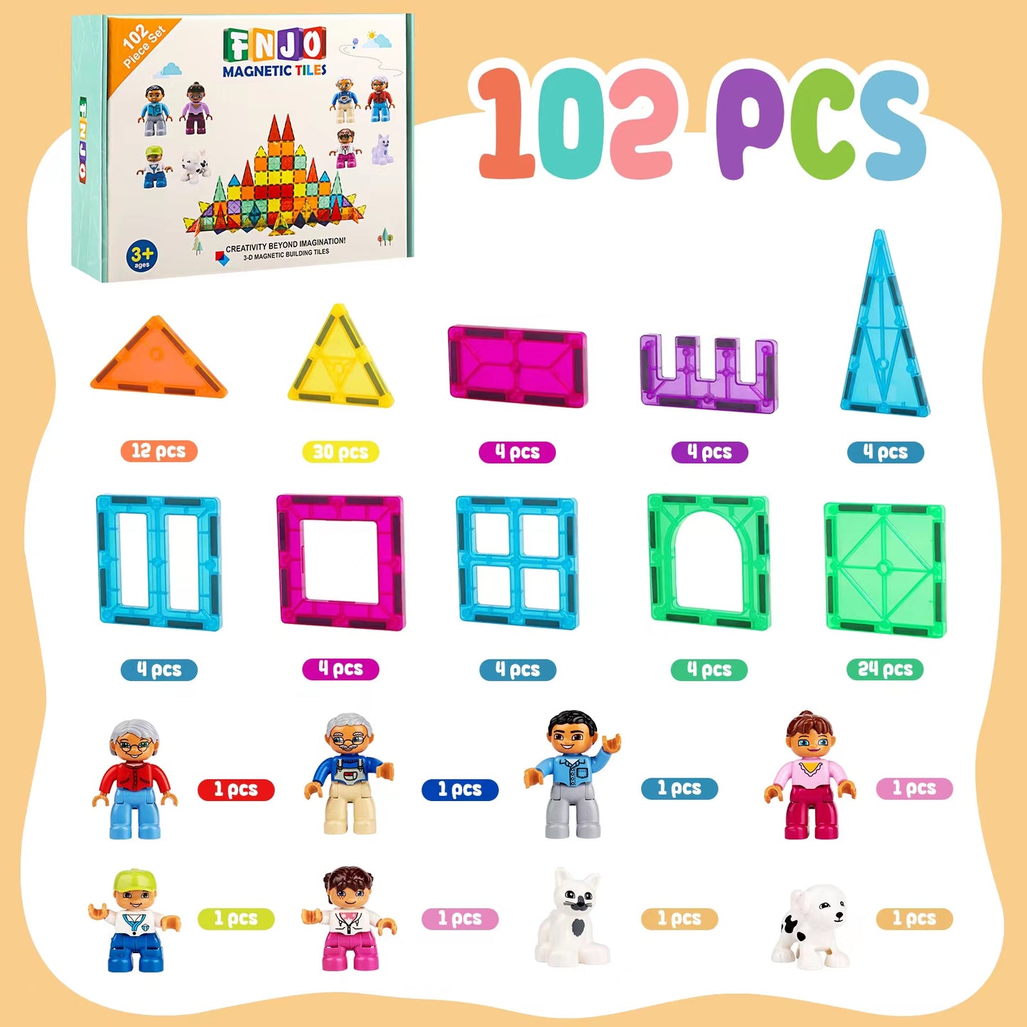 Magnetic Tiles 102 Pieces Building Blocks