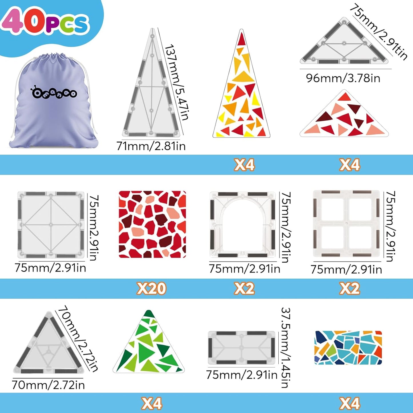 40pcs Magnet Tiles