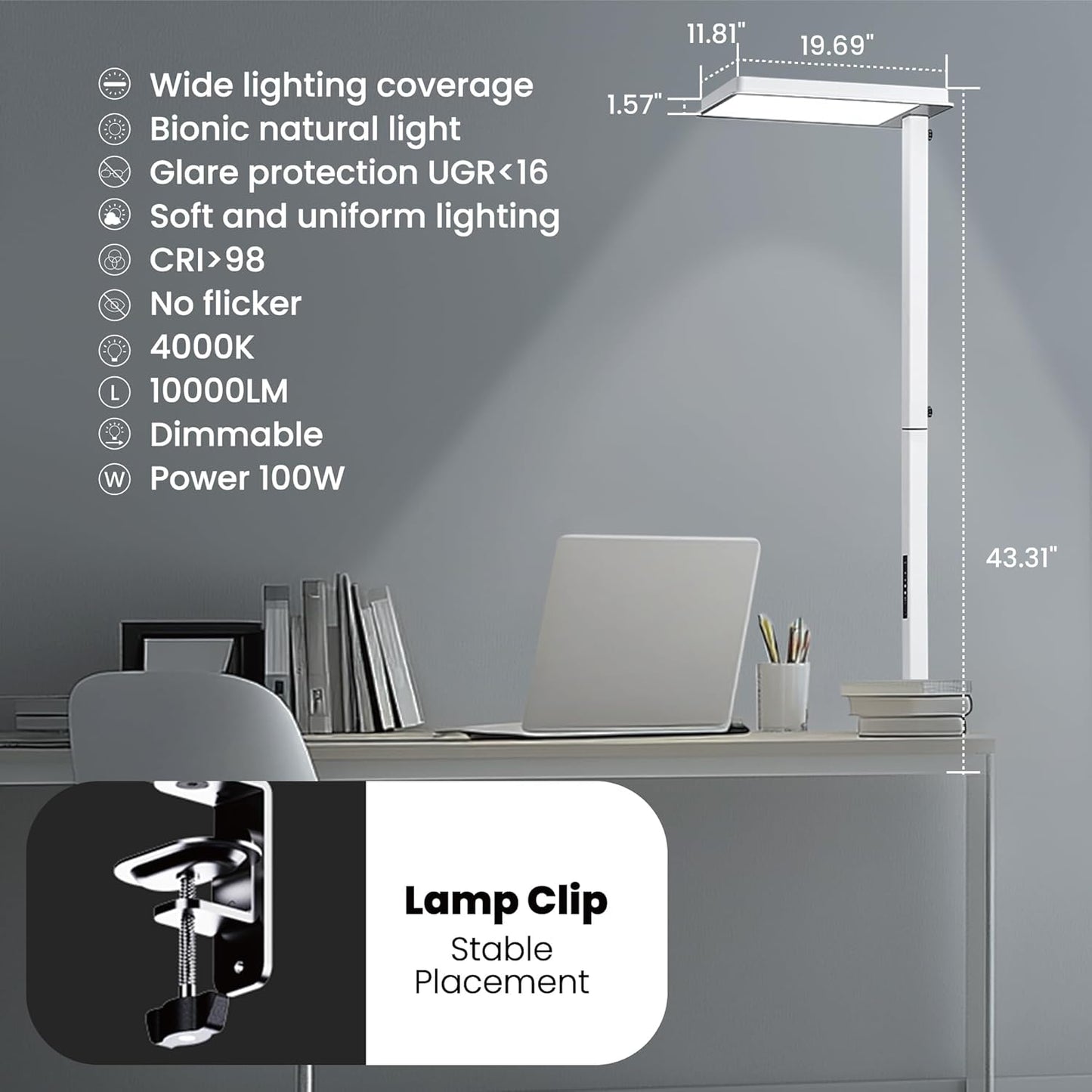 43'' LED 100W 4000K Full Spectrum 10000LM Eye-Care Study Reading Desk Lamp