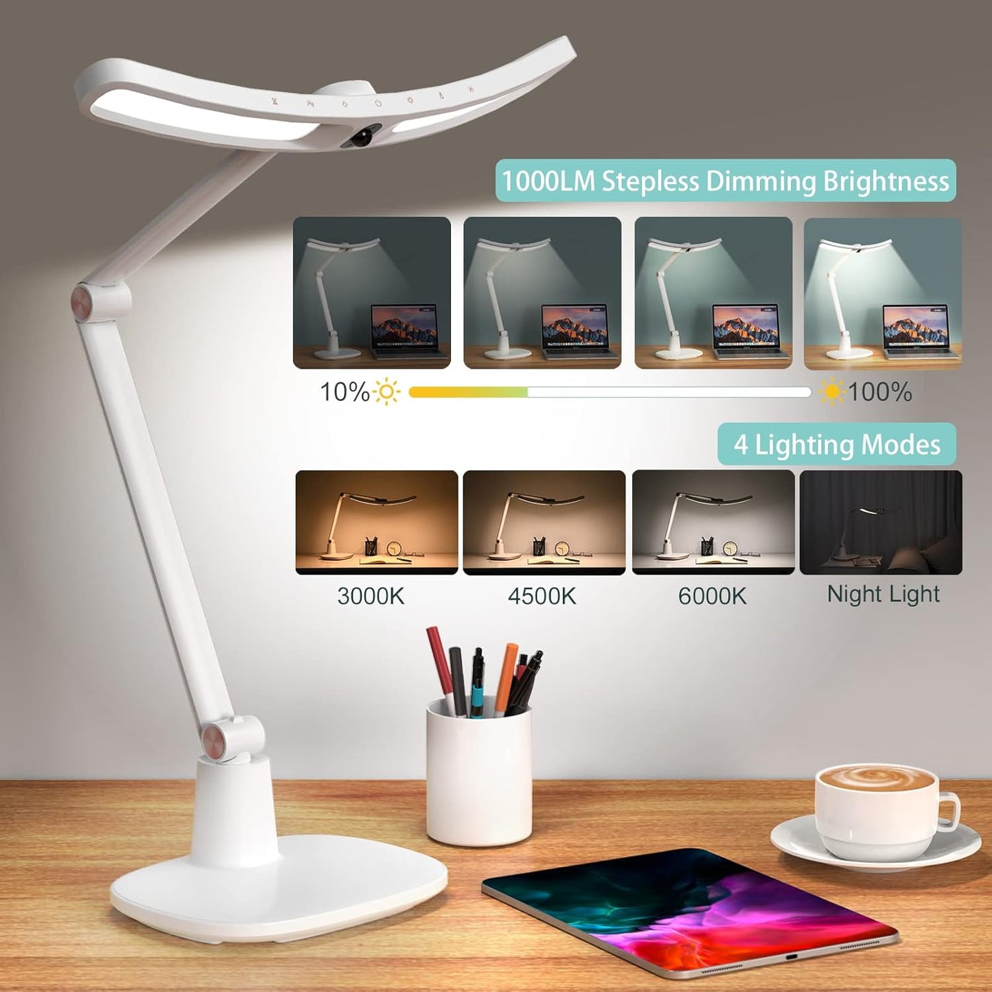 180 Degree Head Rotation LED Desk Ultrawide Lamps w/ 4-Color Modes