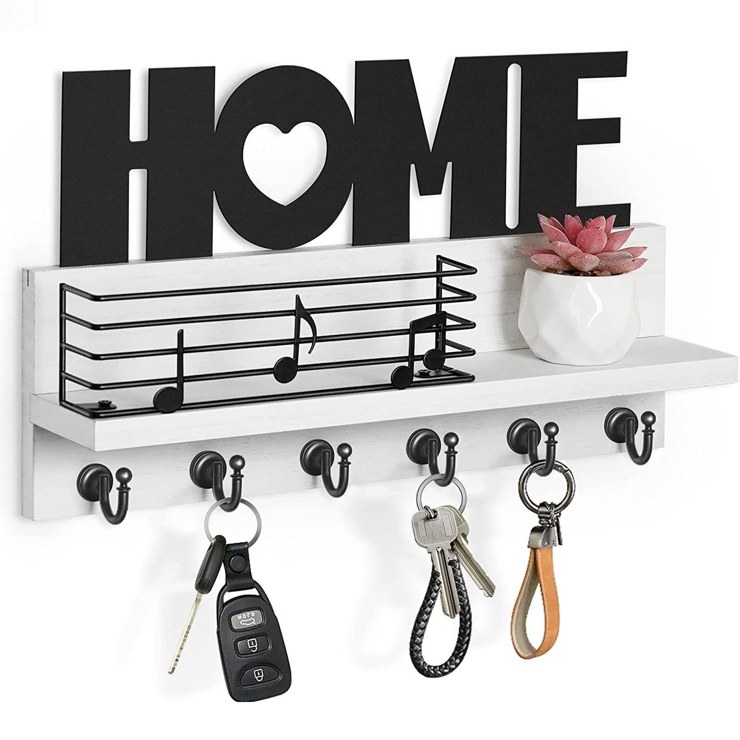 Key and Mail Holder for Wall, Decorative Hanging Organizer with Floating  Shelf and 5 Sturdy Keys Hooks, Wall Mount Key Rack, White 