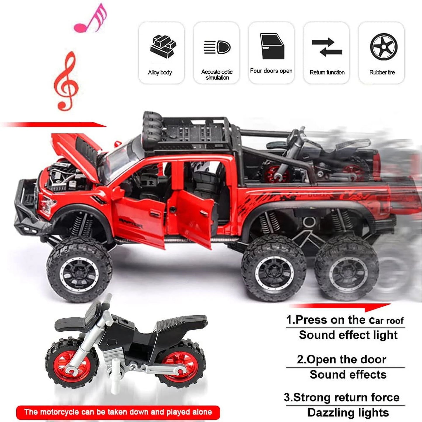 F150 Pickup Raptor Die-Casting Metal Model Car w/ Sound + Light - Scale 1:24
