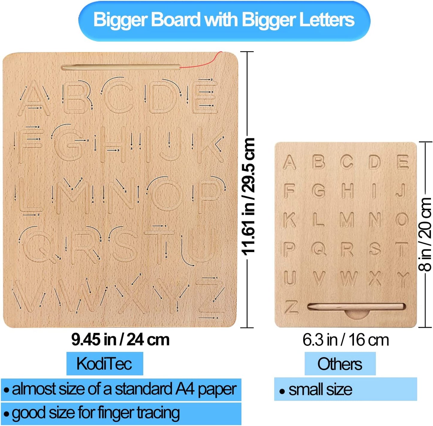 Wooden Double-Sided Letter Tracing Board w/ 2pcs Silicone Pencil Grips
