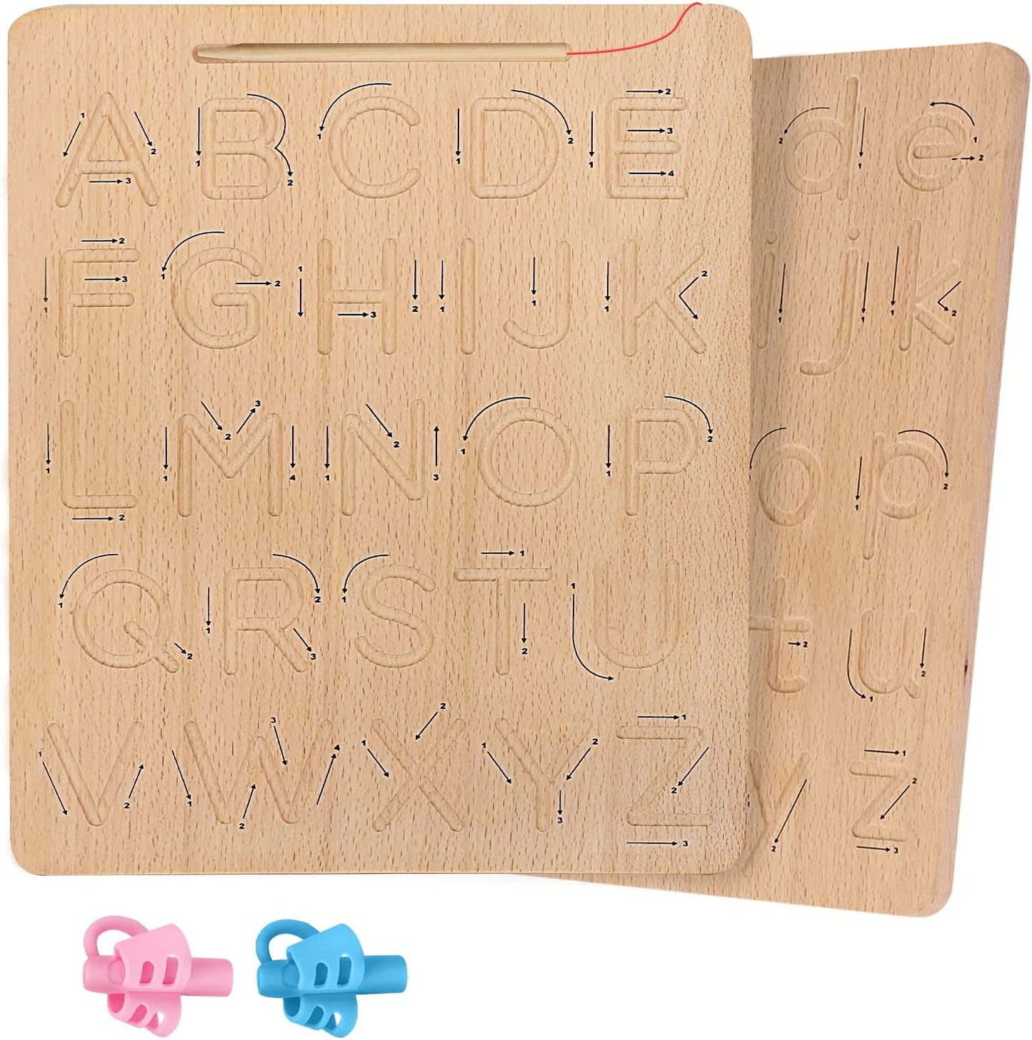 Wooden Double-Sided Letter Tracing Board w/ 2pcs Silicone Pencil Grips