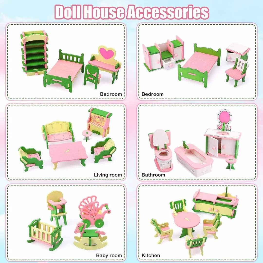 Wooden Doll House Accessories - 6 Sets of Furniture