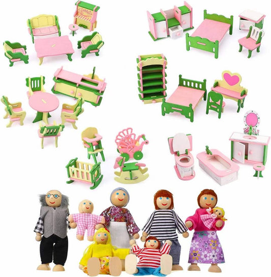 Wooden Doll House Accessories - 6 Sets of Furniture