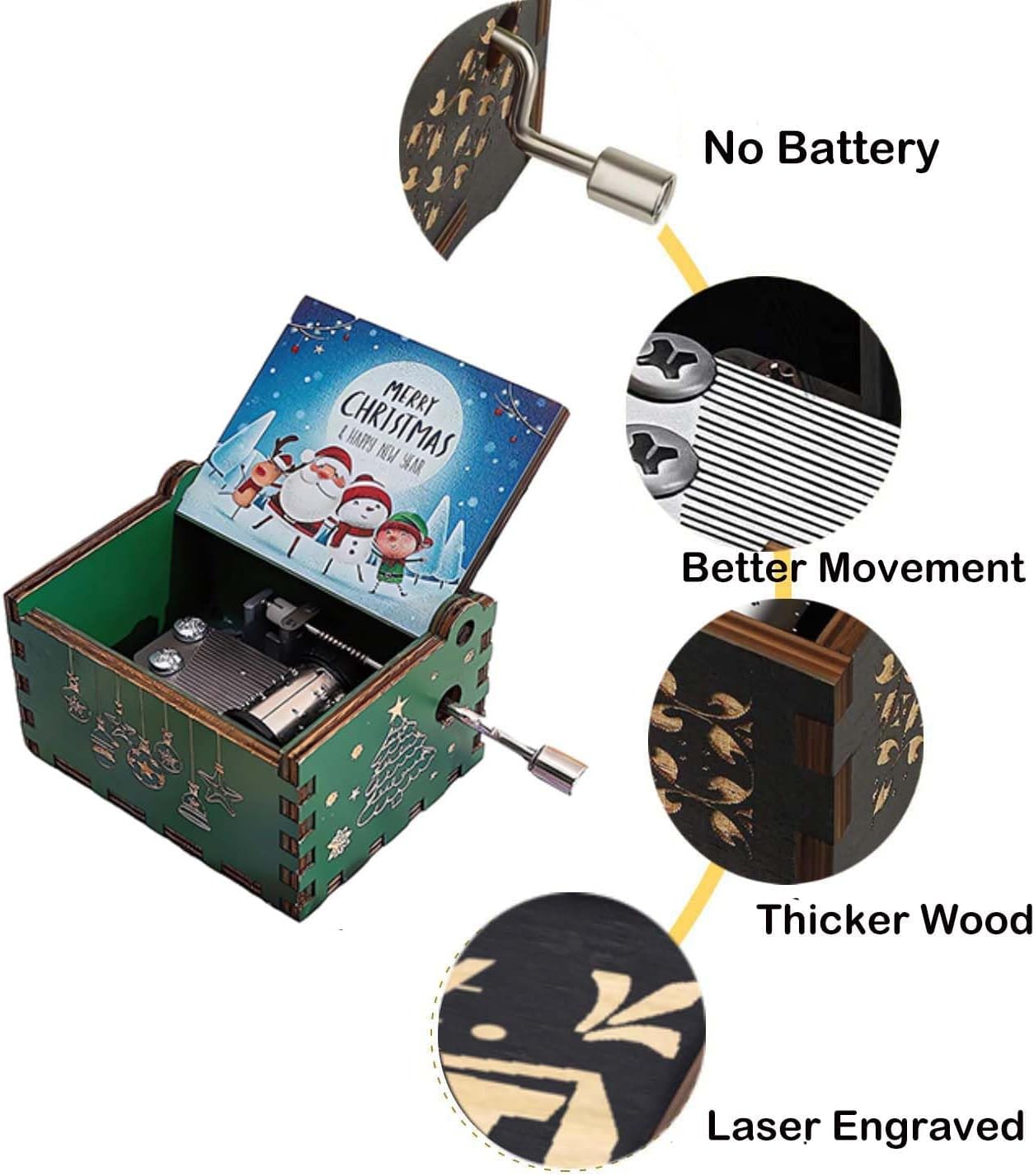Set of 4 - Hand Crank Engraved Music Box - Merry Christmas