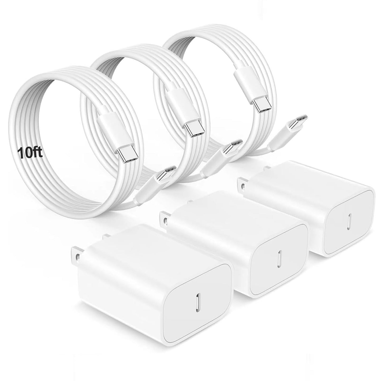 3-Pack 20W USB C Charger with 10FT Long USB C Fast Cahrging Cable for iPad Pro 12.9, iPad Pro 11 inch, iPad 10th Generation, iPad Air 5th/4th Generation, iPad Mini 6, iPhone 15/15 Pro/15 Pro Max