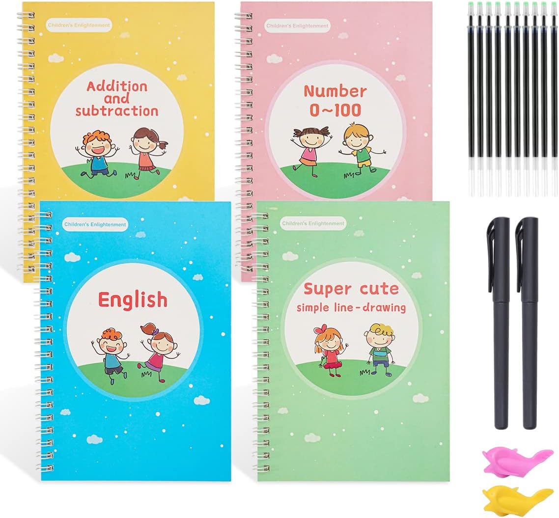 Pack of 4 Magic Exercise Books with Pen, Tools, Reusable Calligraphy for Children