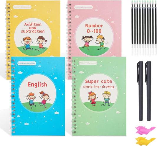 Pack of 4 Magic Exercise Books with Pen, Tools, Reusable Calligraphy for Children