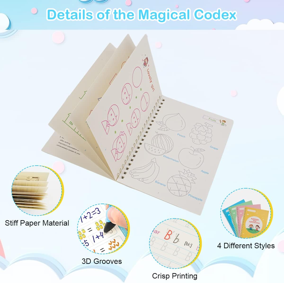 Pack of 4 Magic Exercise Books with Pen, Tools, Reusable Calligraphy for Children