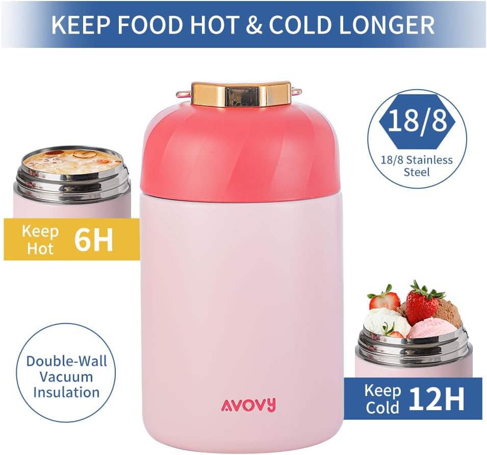 [Single-Pack] Hot & Cold Vacuum Insulated Thermal Food Jar w/ Spoon+Fork - Pink