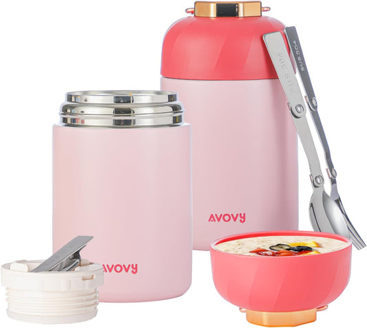 [Single-Pack] Hot & Cold Vacuum Insulated Thermal Food Jar w/ Spoon+Fork - Pink