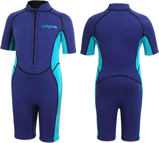 Kids 3mm Neoprene Short Wetsuit - One-Piece Front Zip UV Protection in Blue