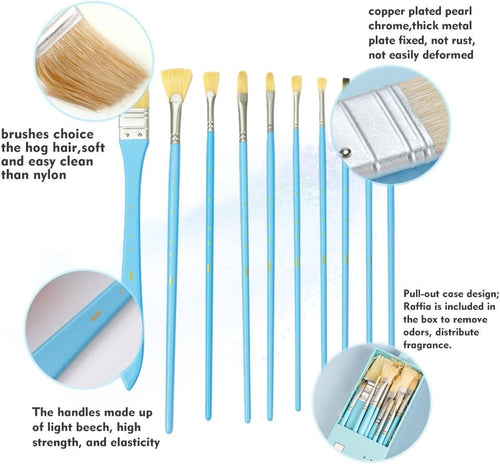 10 Pcs Artist Paint Brushes Set (Acrylic Oil Watercolor Painting) - Blue