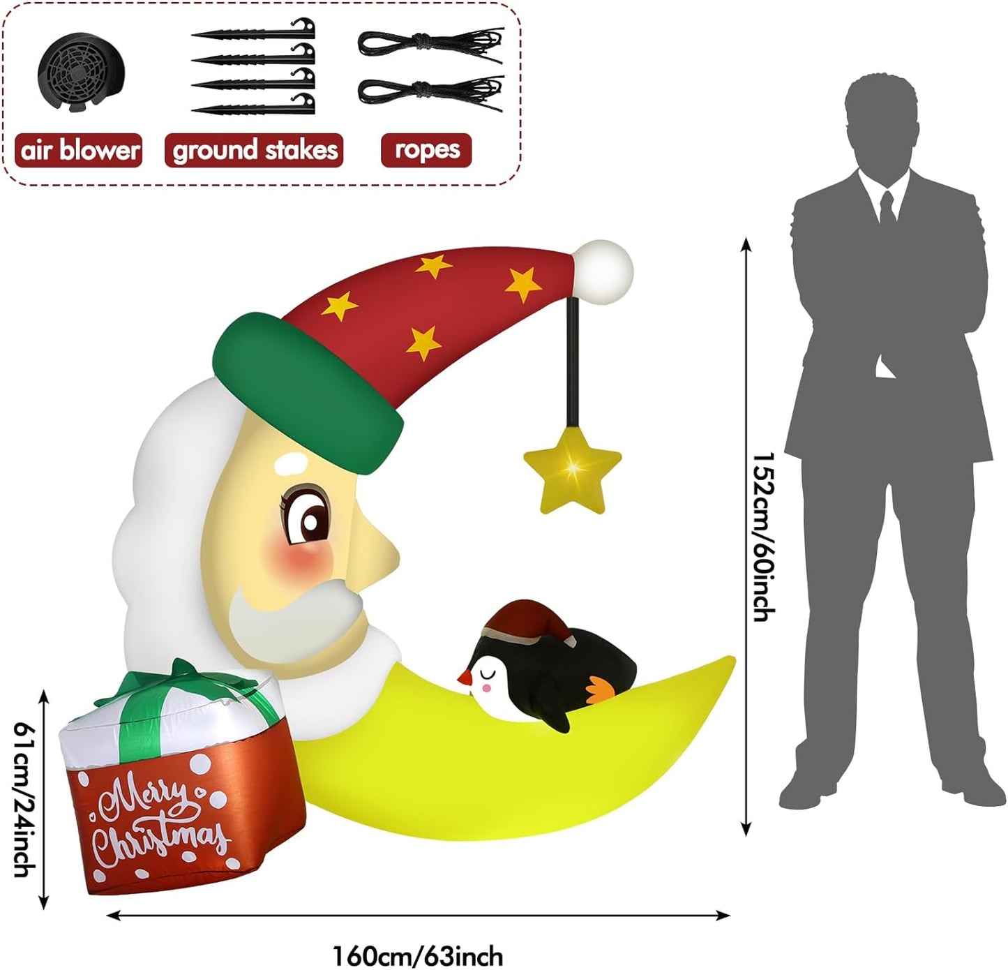 5ft LED Christmas Inflatable Santa Claus and Penguin on The Moon Decoration