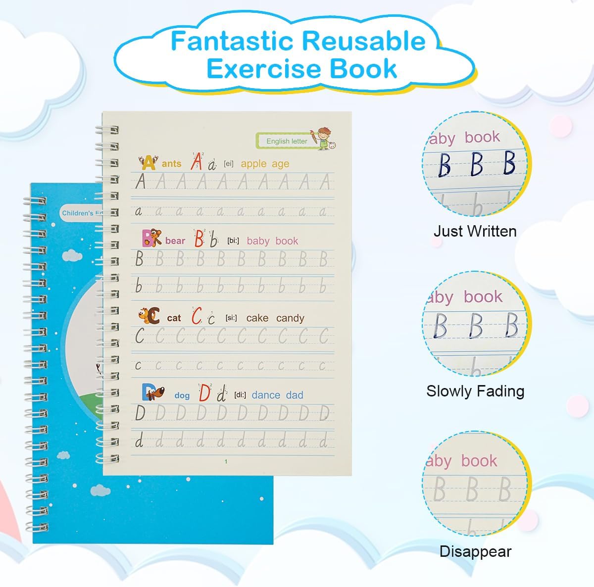 Pack of 4 Magic Exercise Books with Pen, Tools, Reusable Calligraphy for Children