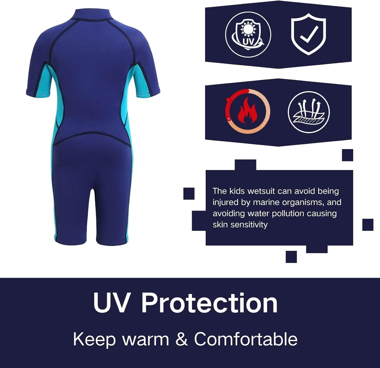 Kids 3mm Neoprene Short Wetsuit - One-Piece Front Zip UV Protection in Blue