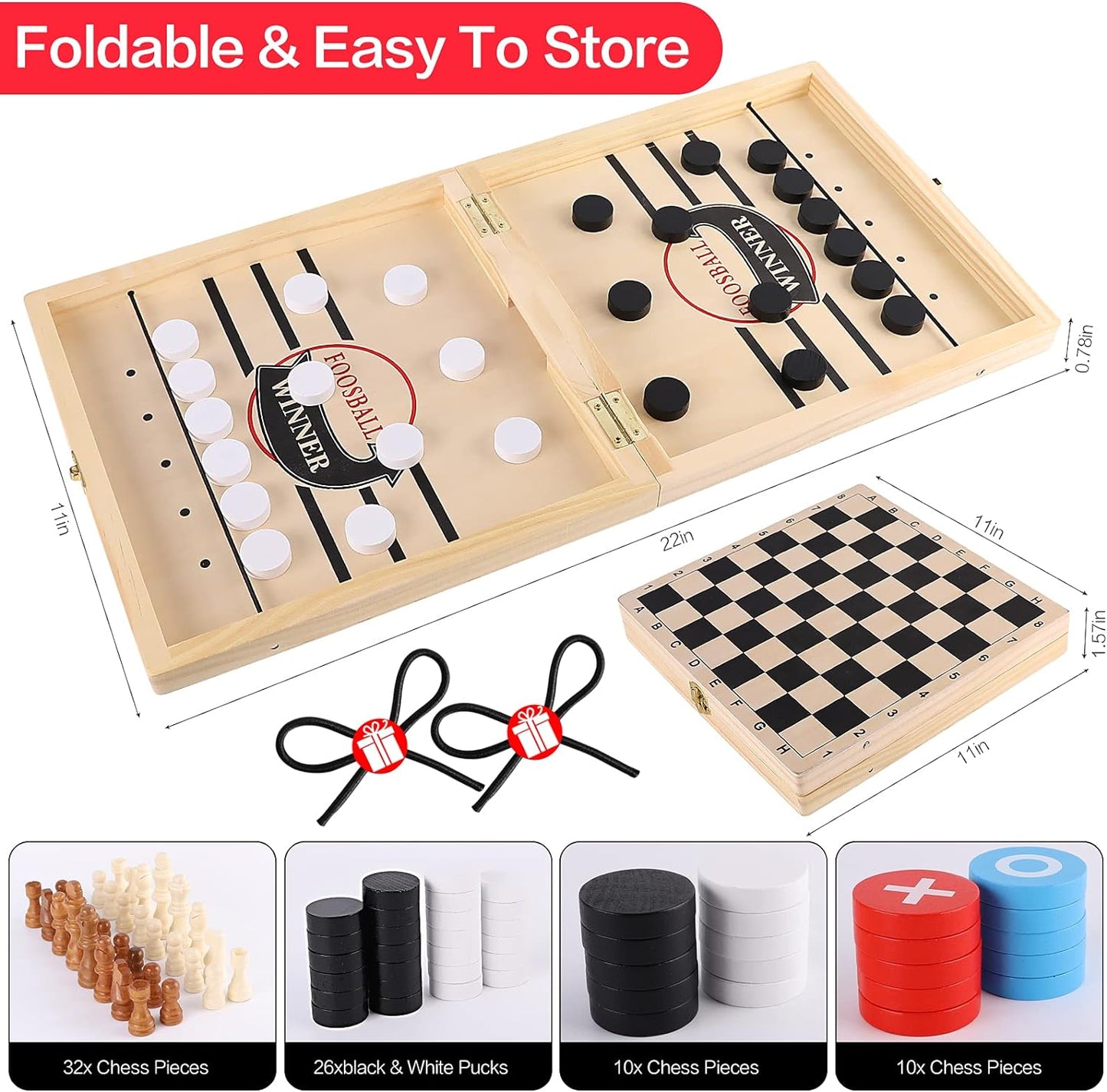 Bamboo Board Game 4 in 1 - Fast Hockey + Tic Tac Toe  + Chess + Checker