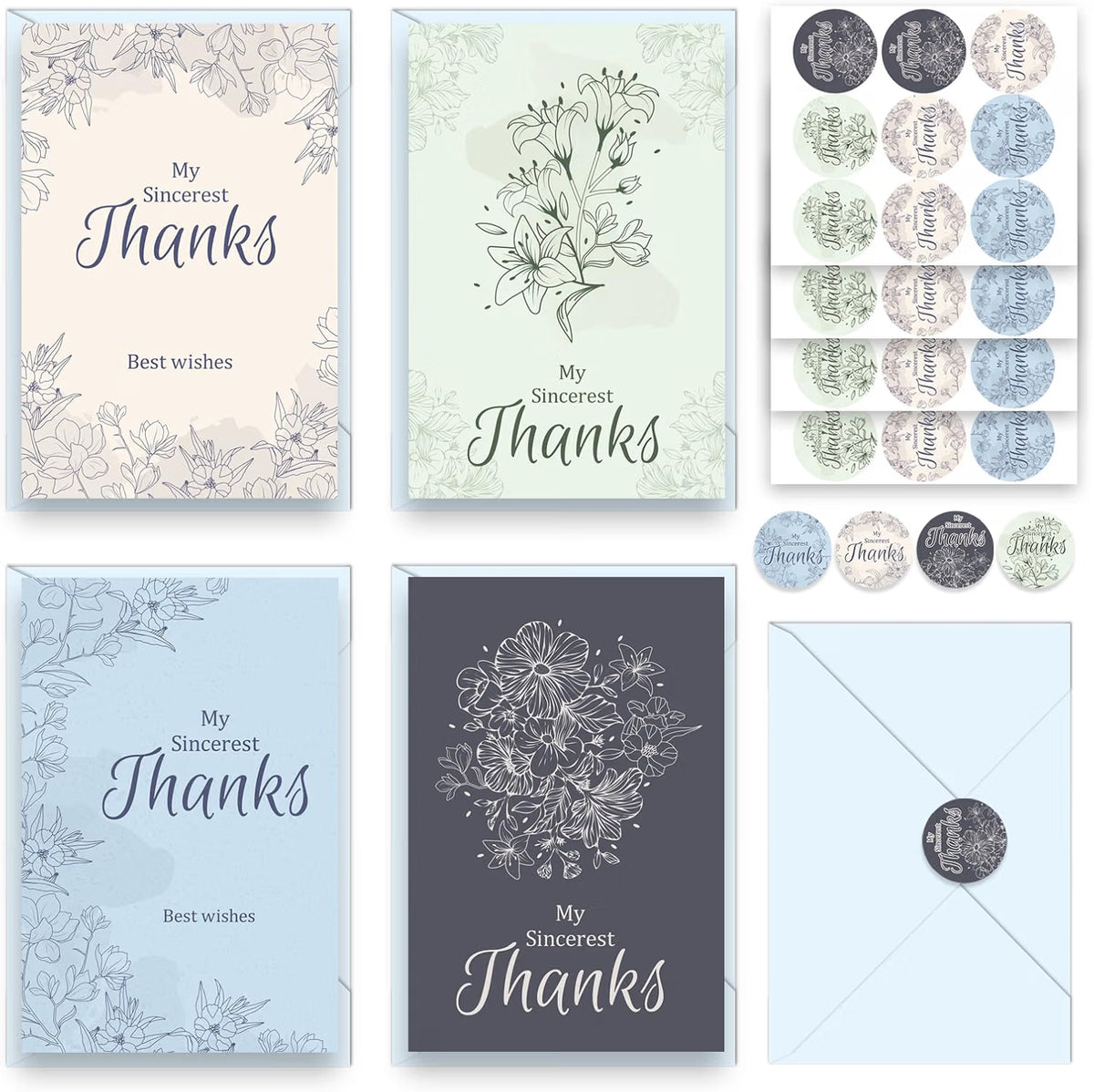 48 Pcs Thank You Cards with Envelopes + Seal Stickers - Sketched Flower