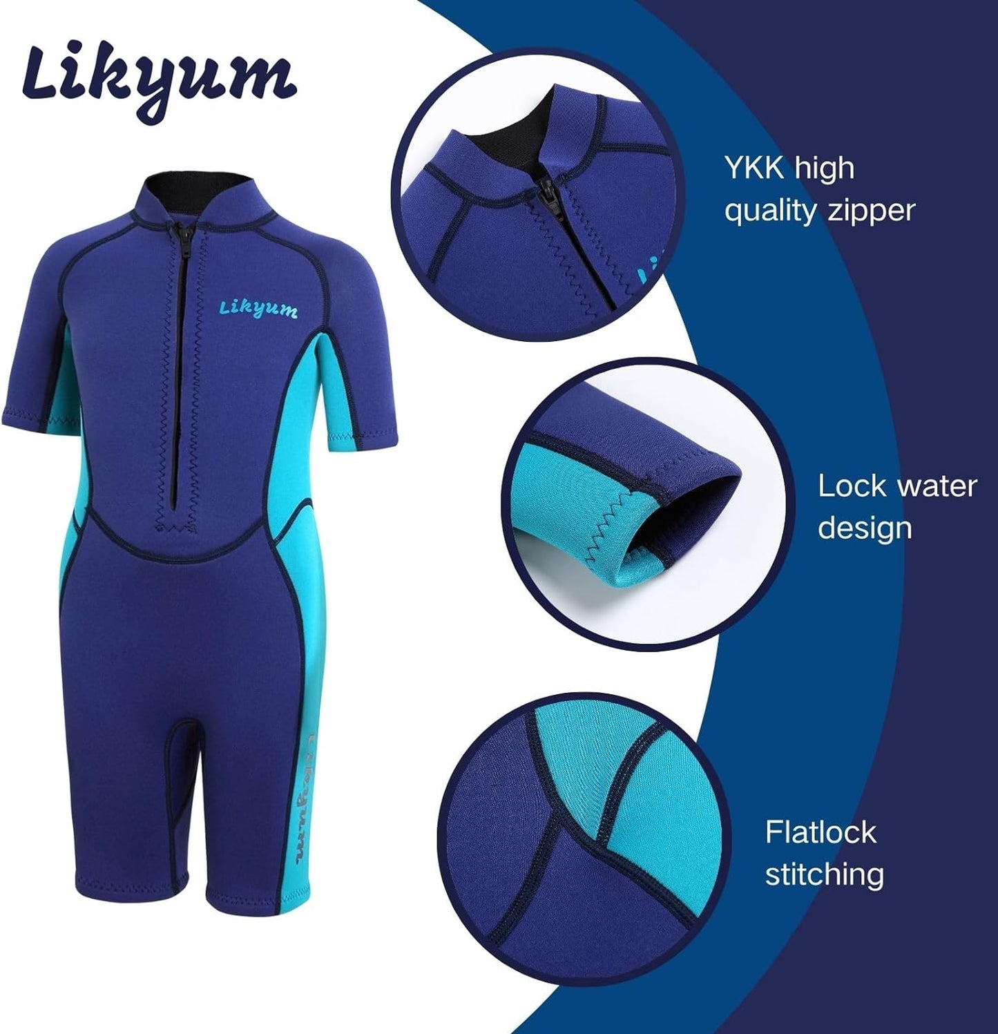 Kids 3mm Neoprene Short Wetsuit - One-Piece Front Zip UV Protection in Blue