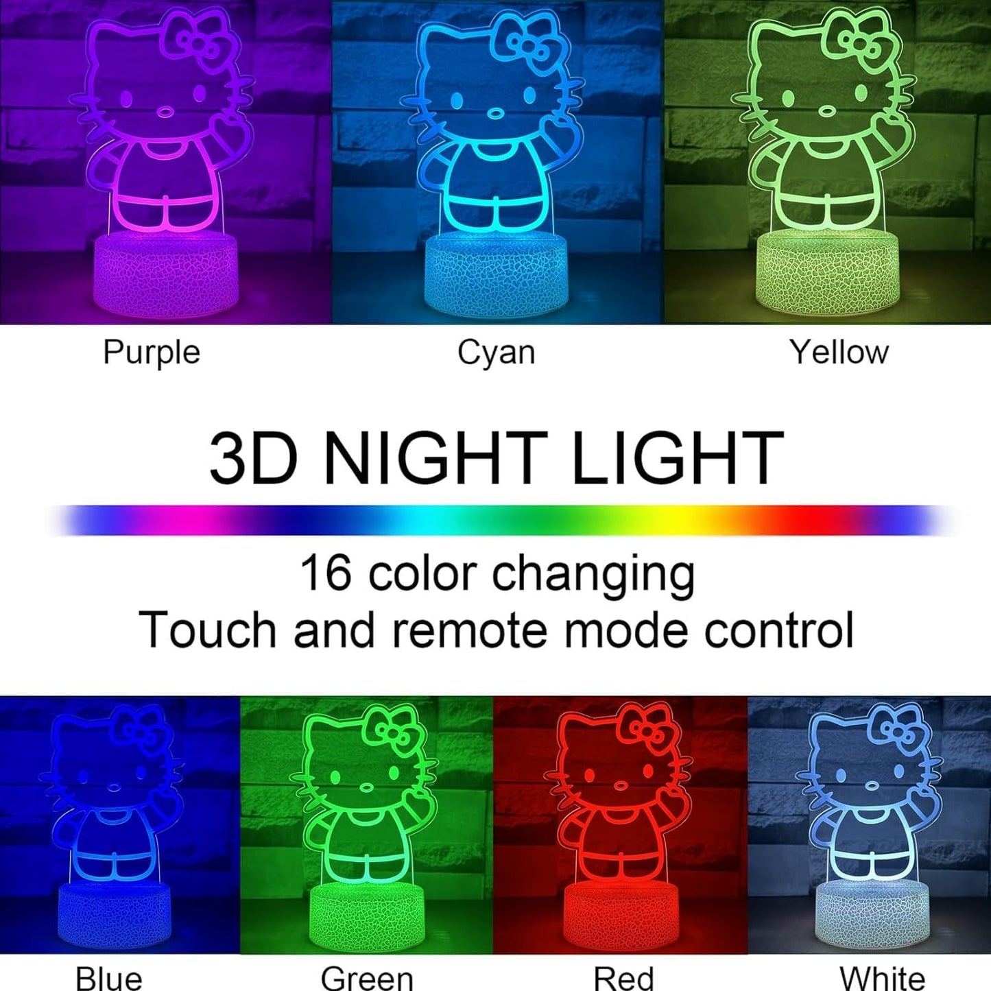 Hello Kitty Night Light - 16 Colors Dimmable 3D Illusion Lamp w/ Remote & Smart Touch