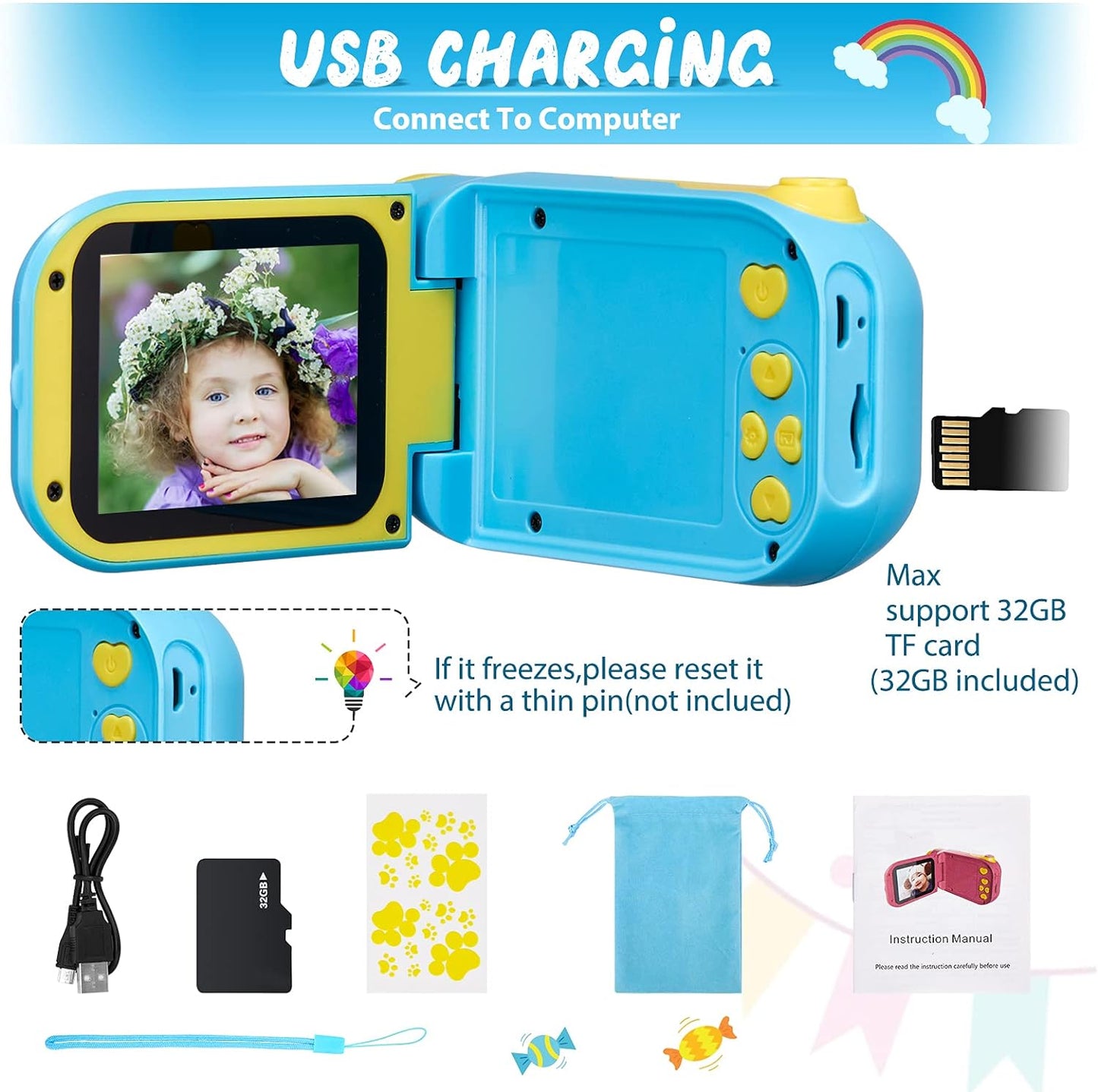 Kids Digital Video Camera HD 1080P 2.4 Screen with 32GB Micro SD Card - Blue