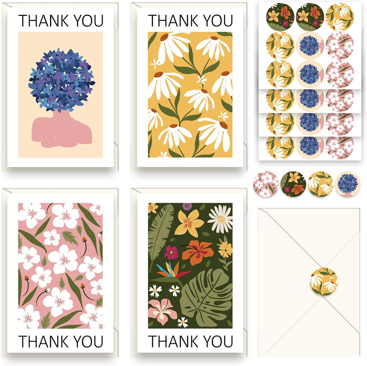 48 Pcs Thank You Cards with Envelopes + Seal Stickers - Painted Flower