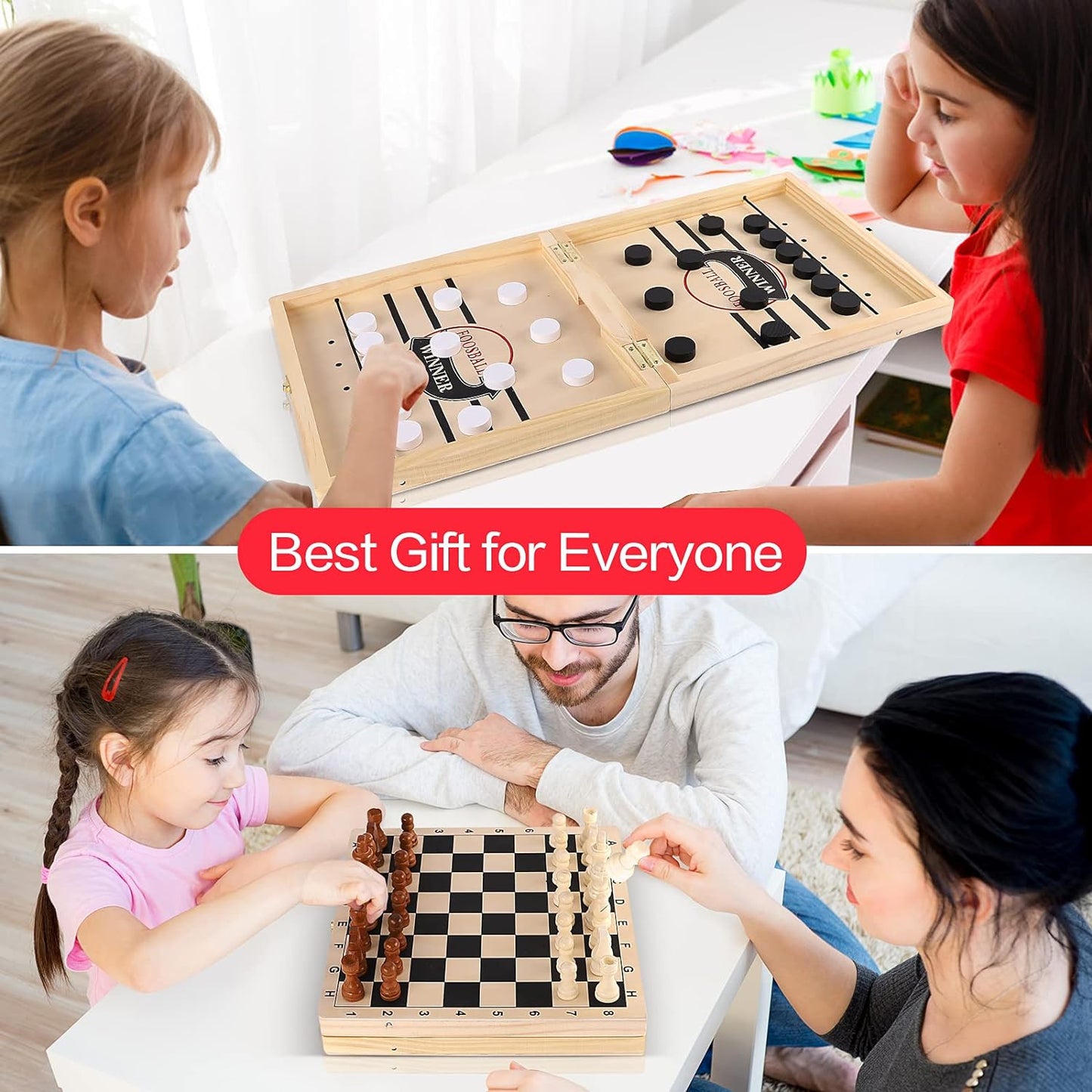 Bamboo Board Game 4 in 1 - Fast Hockey + Tic Tac Toe  + Chess + Checker