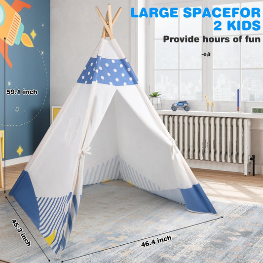 Kids Teepee Foldable Natural Cotton Canvas Tent - Blue/White