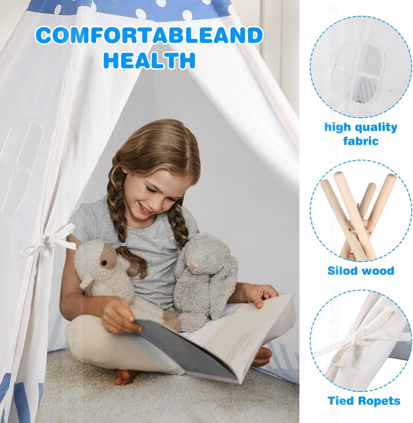 Kids Teepee Foldable Natural Cotton Canvas Tent - Blue/White