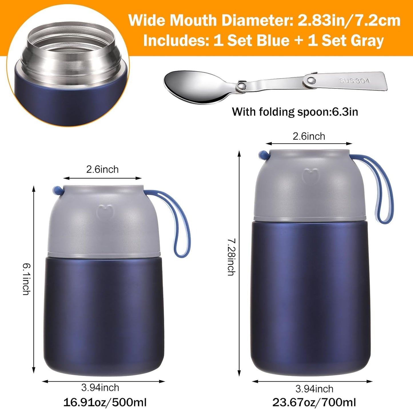 2-Pack Hot & Cold Vacuum Insulated Thermal Food Jar w/ Spoon - Navy [NO Retail Packing]