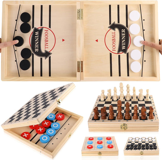 Wooden Board Game 4 in 1 - Fast Hockey + Tic Tac Toe  + Chess + Checker