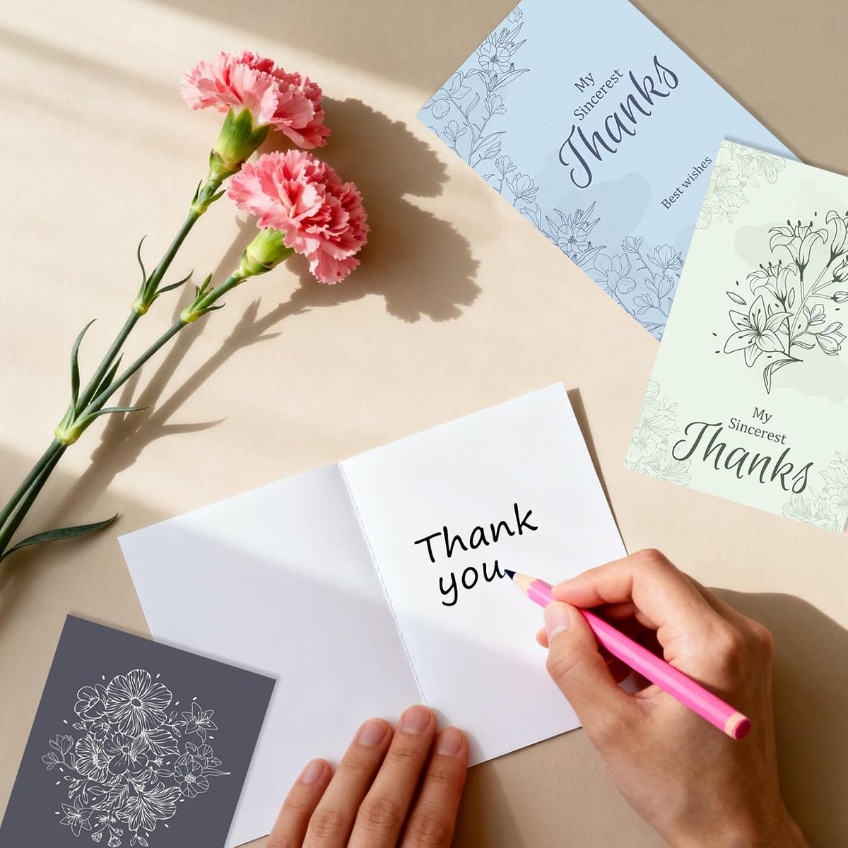 48 Pcs Thank You Cards with Envelopes + Seal Stickers - Sketched Flower