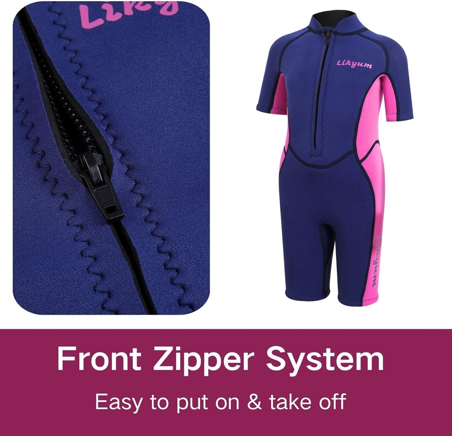 Kids 3mm Neoprene Short Wetsuit - One-Piece Front Zip UV Protection in Pink