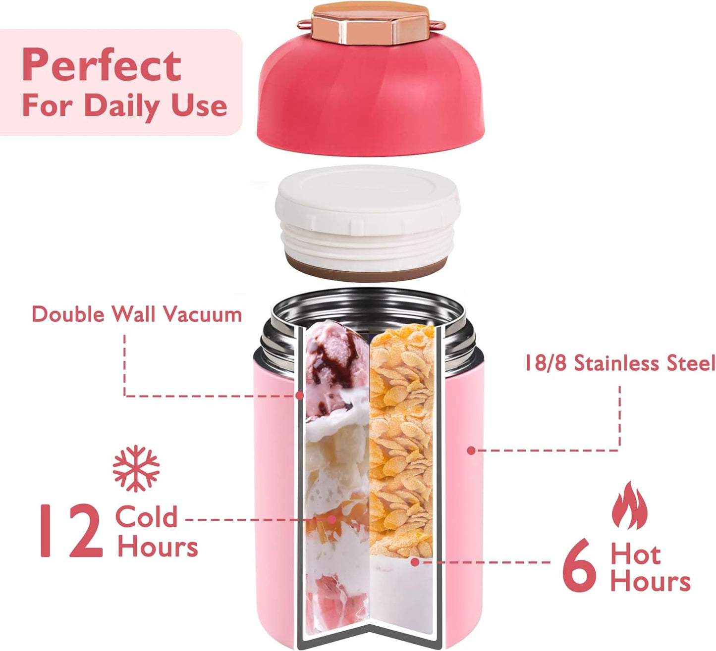 [Single-Pack] Hot & Cold Vacuum Insulated Thermal Food Jar w/ Spoon+Fork - Pink