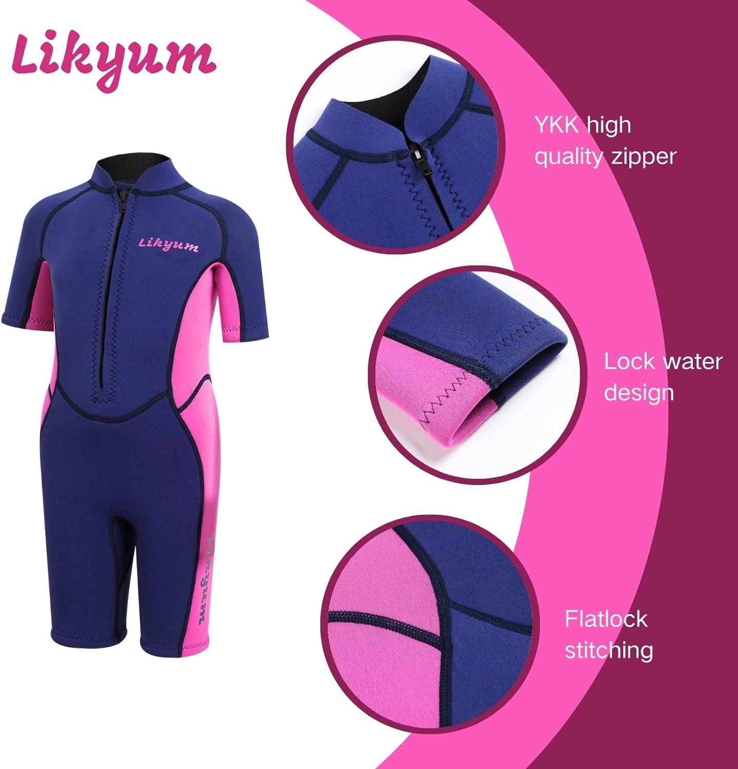 Kids 3mm Neoprene Short Wetsuit - One-Piece Front Zip UV Protection in Pink