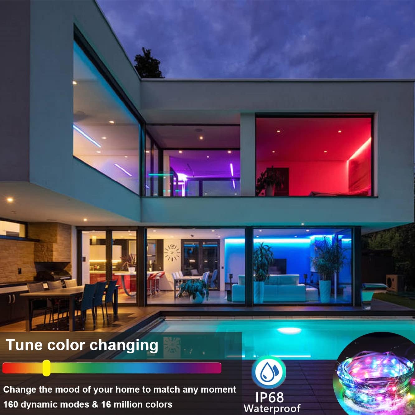 Waterproof 32FT Led Lights - Smart Music Sync with APP/Remote Control (Indoor+Outdoor)