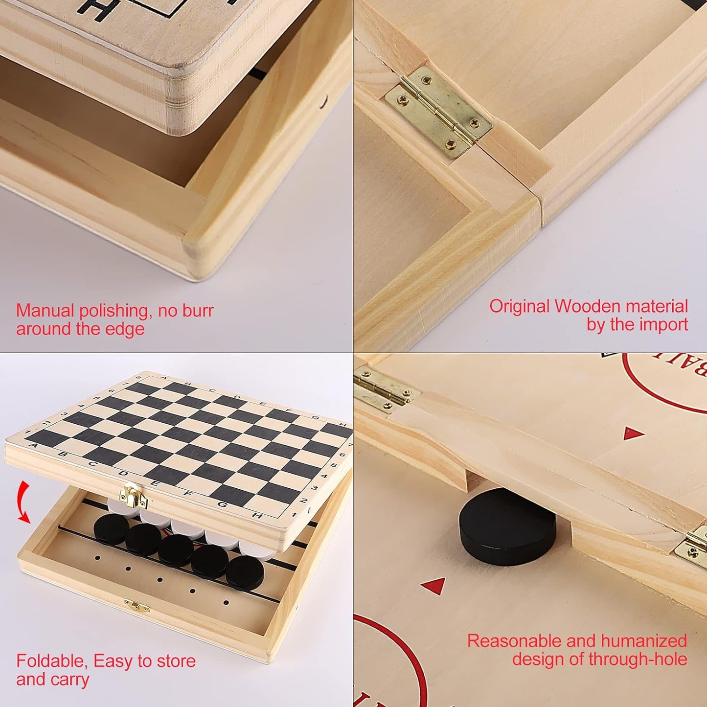 Wooden Board Game 4 in 1 - Fast Hockey + Tic Tac Toe  + Chess + Checker