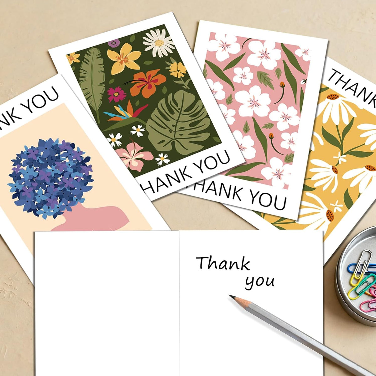48 Pcs Thank You Cards with Envelopes + Seal Stickers - Painted Flower