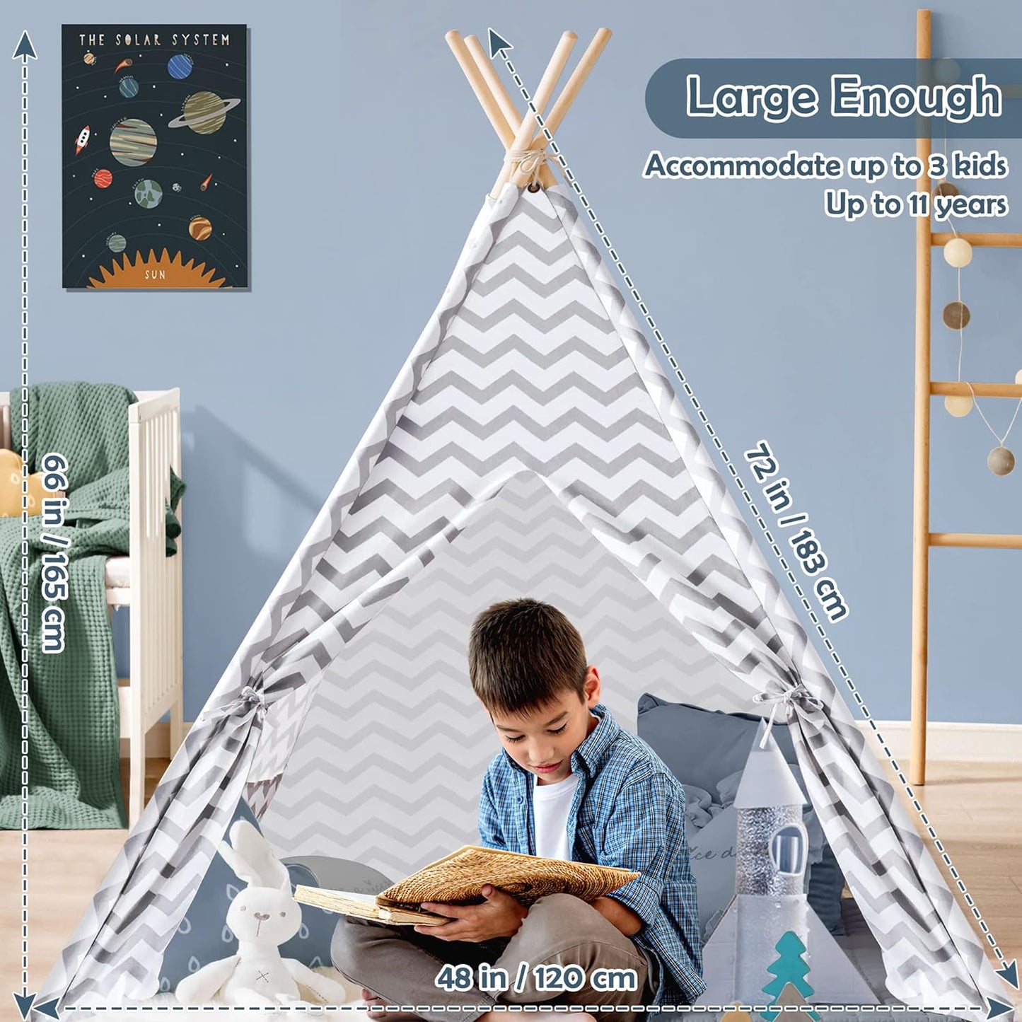 Kids Teepee Foldable Natural Cotton Canvas Tent - Grey Stripe (No Lights)