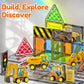 Magnetic Tiles Engineer Expansion Pack – 5 Pcs Construction Vehicles + 25 Pcs Road Building Magnetic Blocks