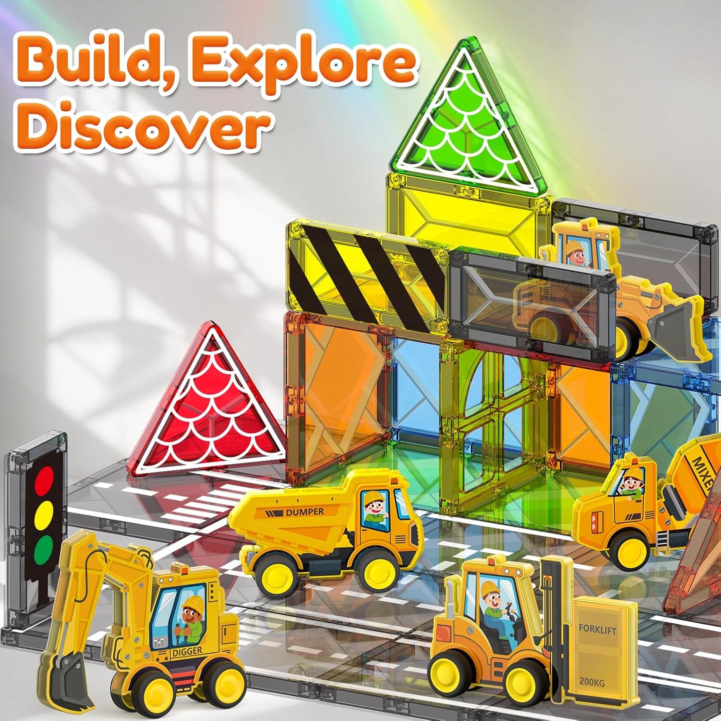 Magnetic Tiles Engineer Expansion Pack – 5 Pcs Construction Vehicles + 25 Pcs Road Building Magnetic Blocks