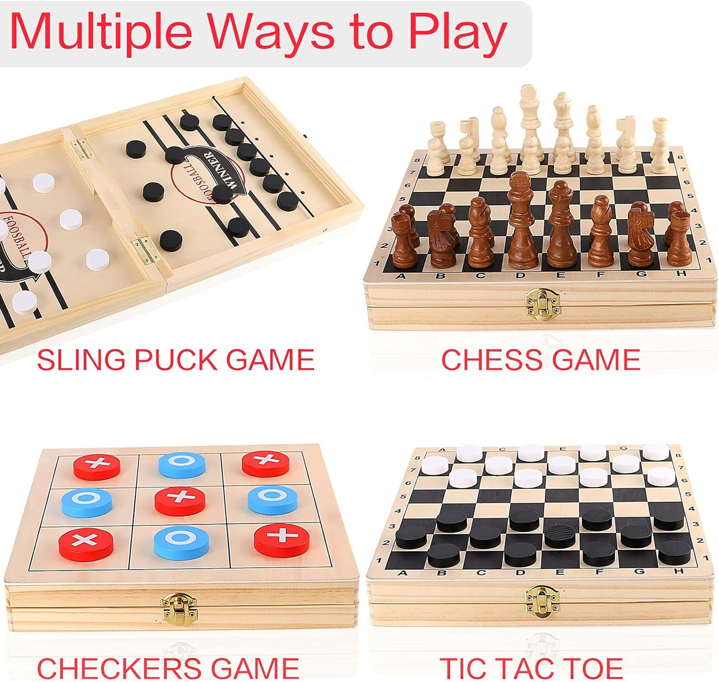 Wooden Board Game 4 in 1 - Fast Hockey + Tic Tac Toe  + Chess + Checker