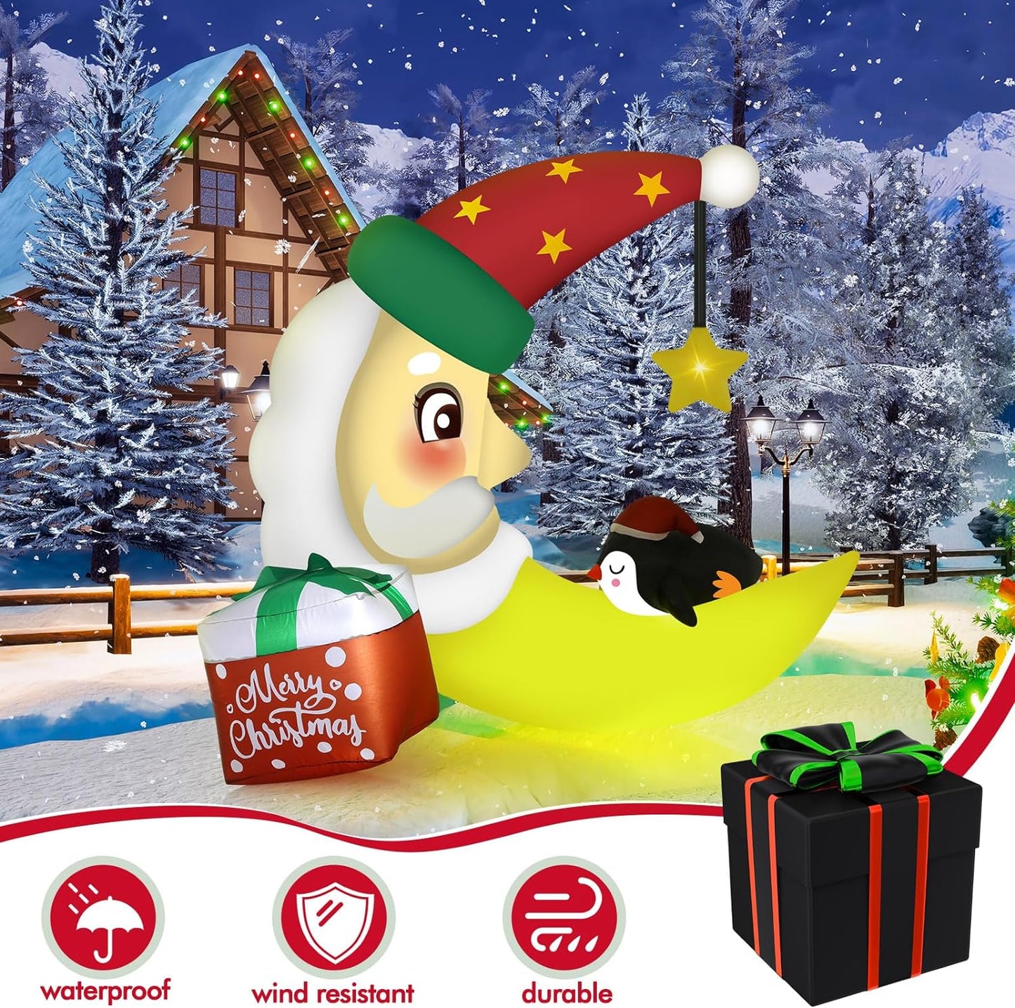 5ft LED Christmas Inflatable Santa Claus and Penguin on The Moon Decoration