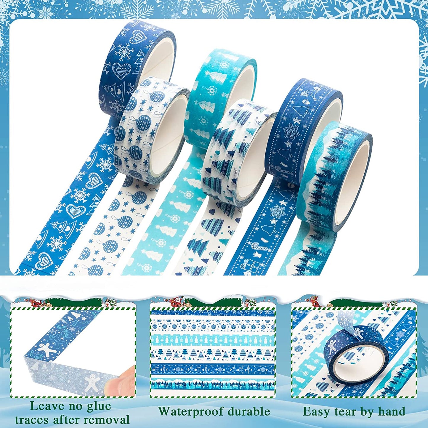 Blue White Snowflake Washi Masking Tape Set (Set of 6/12/24)