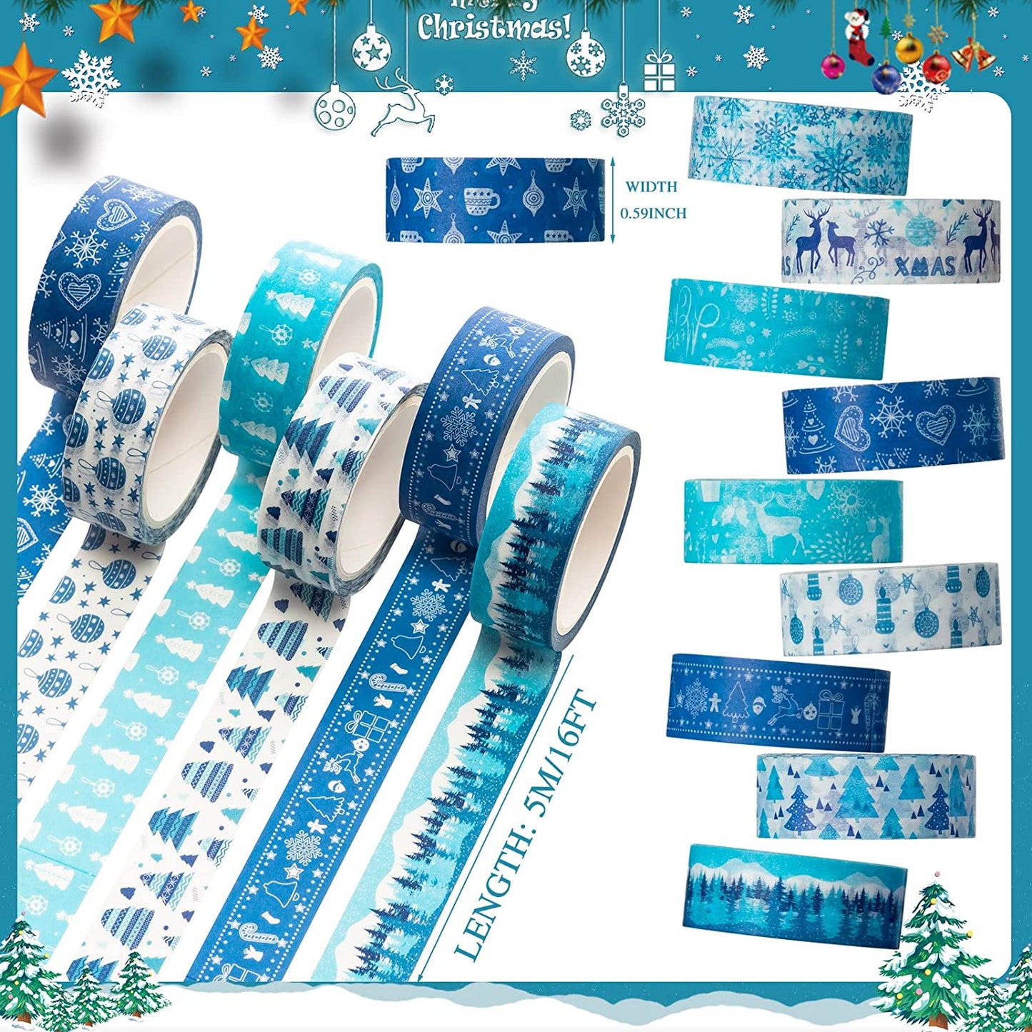 Blue White Snowflake Washi Masking Tape Set (Set of 6/12/24)