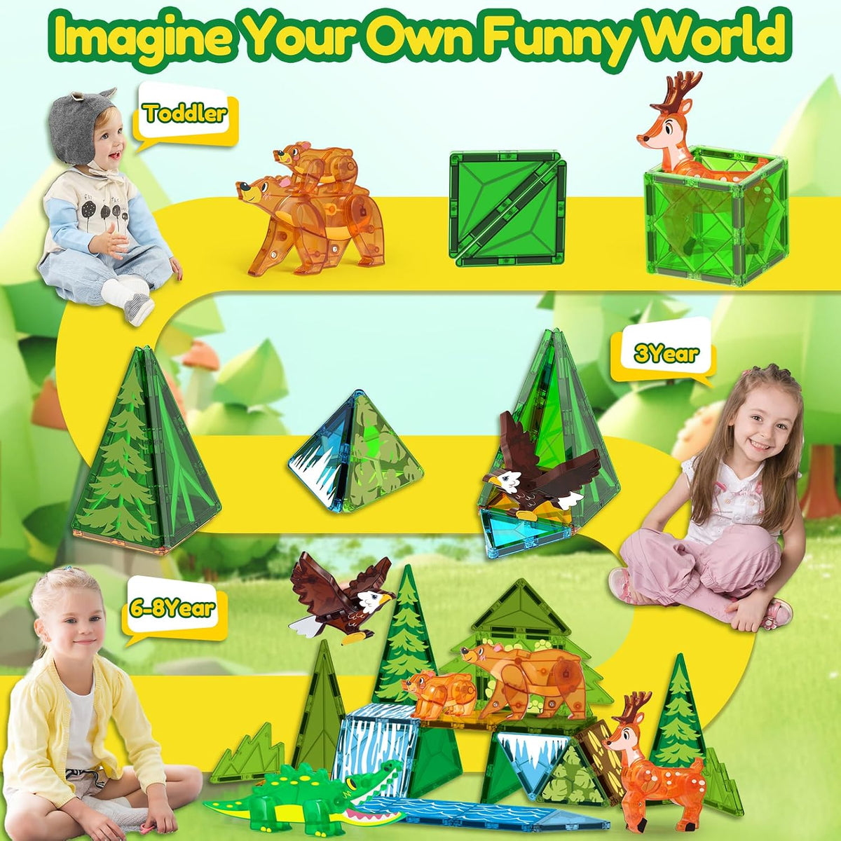 STEM Toy Magnetic Tiles - Jungle Animals, 30 Pieces