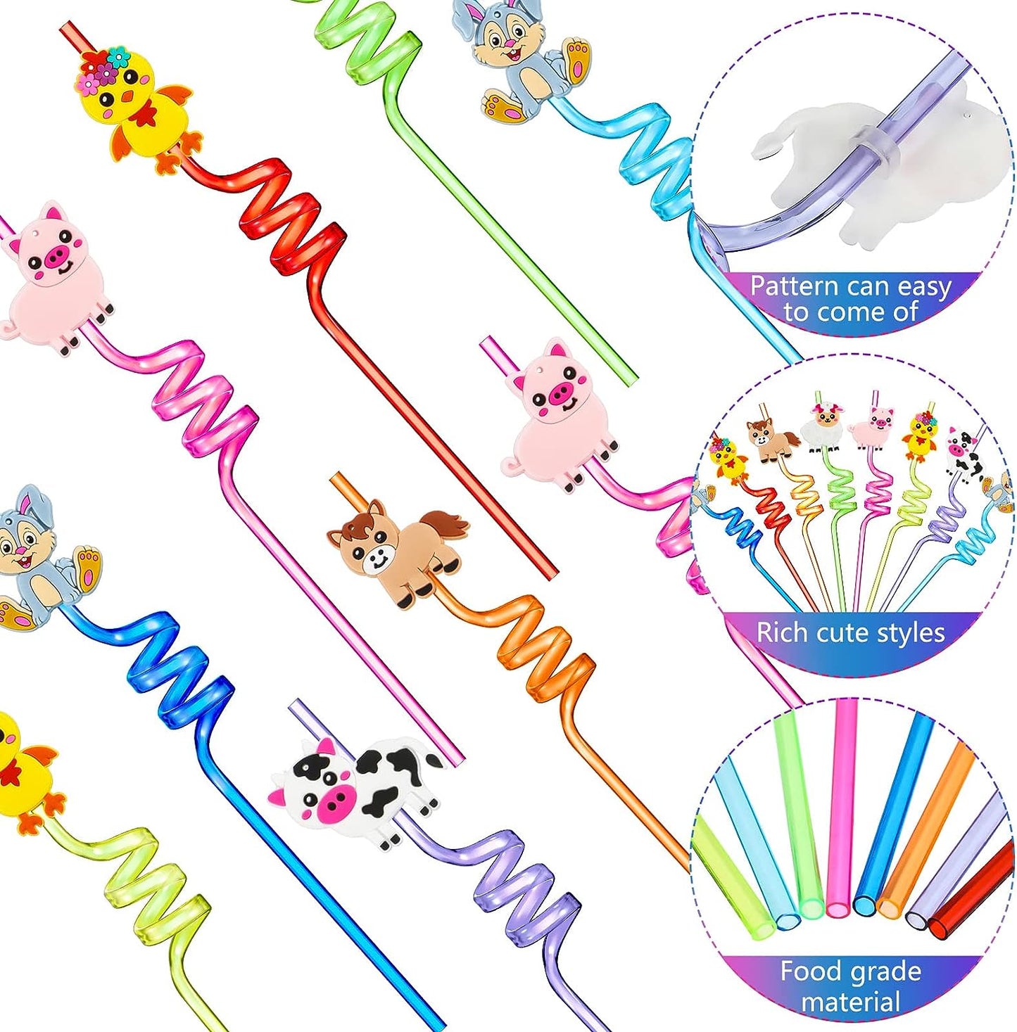 Potchen 8 Reusable Farm Animal Plastic Straws