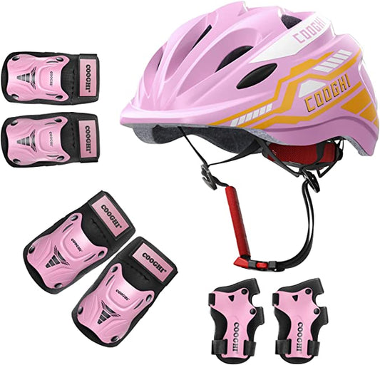 COOGHI Kids Helmet (Age 3-10) and Knee Pads (Age 3-6) Set - Sakura Pink